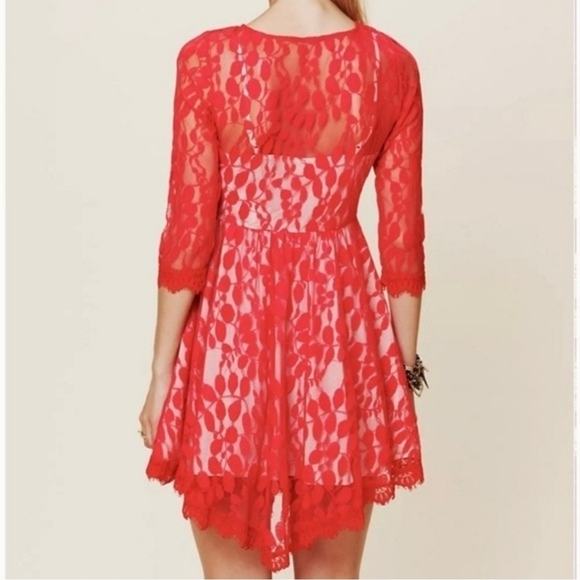 Free People Red/Orange Lace Asymetrical Hem Dress Size 2 - Picture 2 of 12